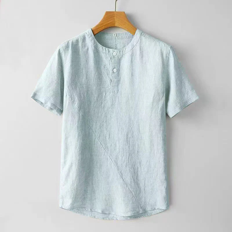 Camicia da uomo in cotone e lino con due bottoni in alto, a maniche corte, tinta unita, Buddha Stones - Image 9