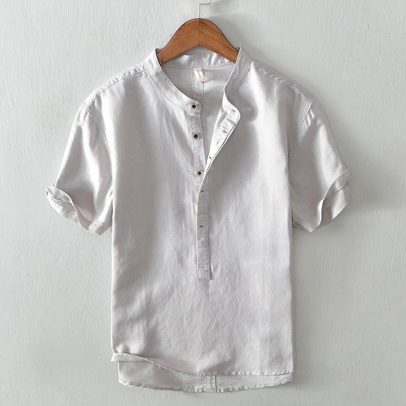 Camicia da uomo in cotone e lino con maniche corte e bottoni, motivo Buddha Stones , semplice e casual