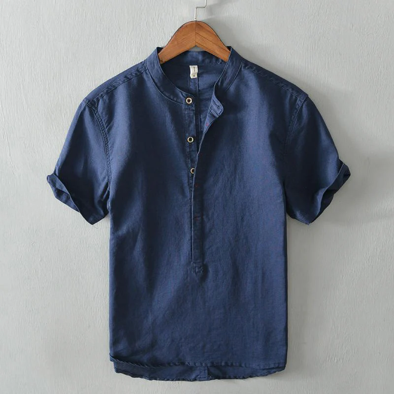 Camicia da uomo in cotone e lino con maniche corte e bottoni, motivo Buddha Stones , semplice e casual - Image 16