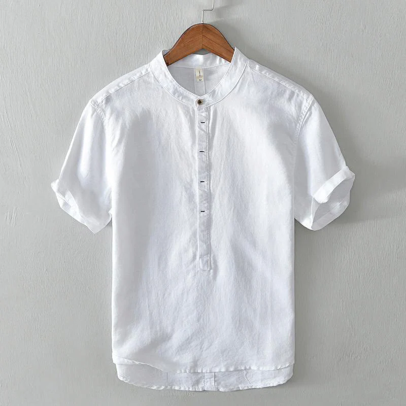 Camicia da uomo in cotone e lino con maniche corte e bottoni, motivo Buddha Stones , semplice e casual - Image 5