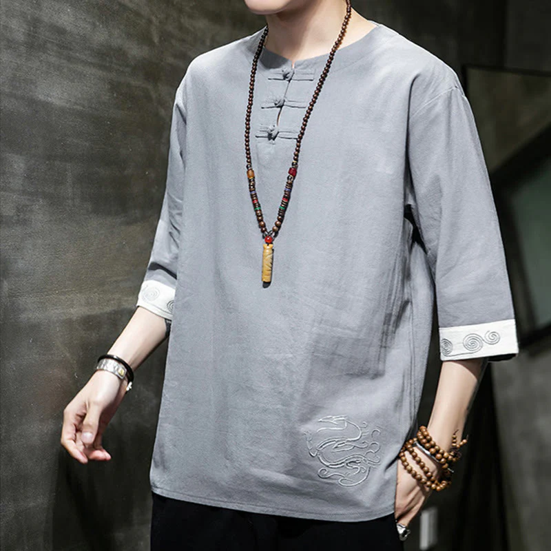 Camicia da uomo in cotone e lino con maniche corte, scollo a giro, ricamo estivo Buddha Stones, bottoni a rana, tinta unita - Image 9