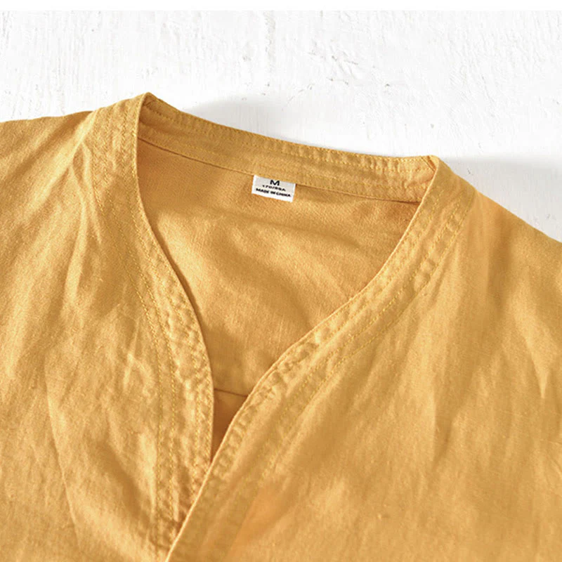 Camicia da uomo in cotone e lino con mezza abbottonatura e colletto alla coreana, manica corta, motivo Buddha Stones Summer - Image 15