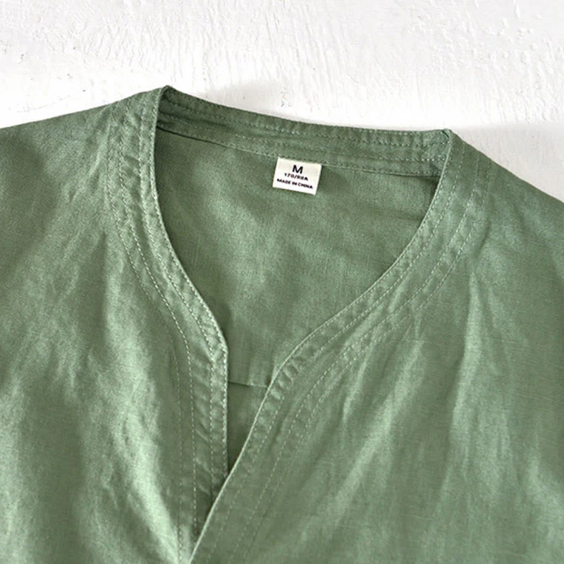 Camicia da uomo in cotone e lino con mezza abbottonatura e colletto alla coreana, manica corta, motivo Buddha Stones Summer - Image 2