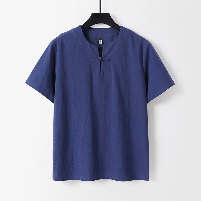 Camicia da uomo in cotone e lino con un bottone a forma di rana, manica corta, tinta unita , Buddha Stones - Image 4