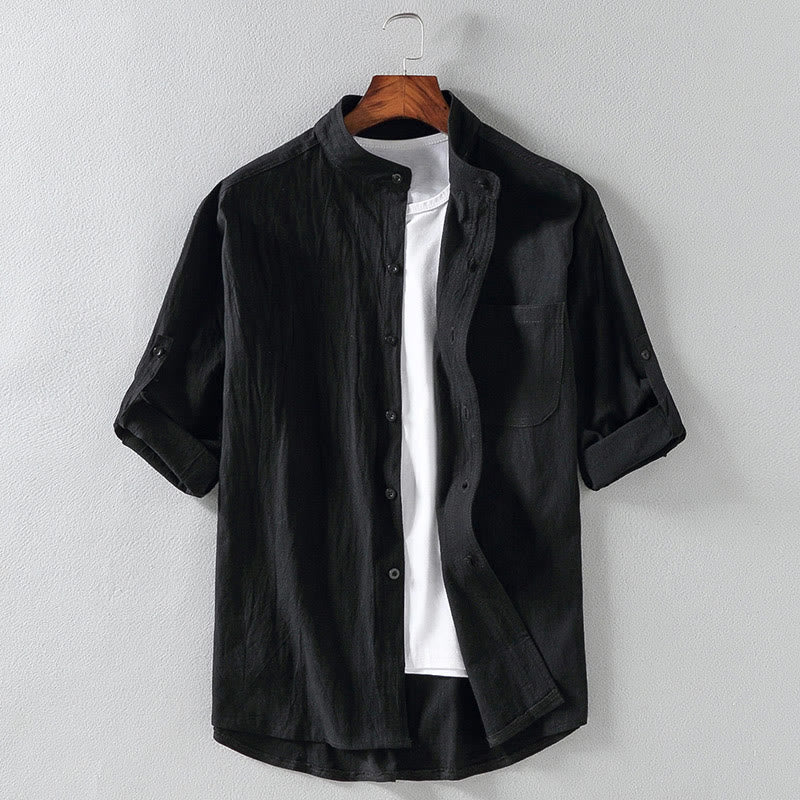 Camicia da uomo in cotone e lino, monopetto, casual, vintage, con maniche a tre quarti, con taschino, Buddha Stones - Image 16