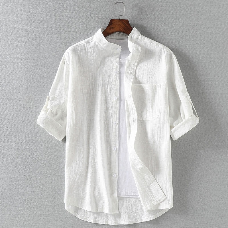 Camicia da uomo in cotone e lino, monopetto, casual, vintage, con maniche a tre quarti, con taschino, Buddha Stones - Image 2