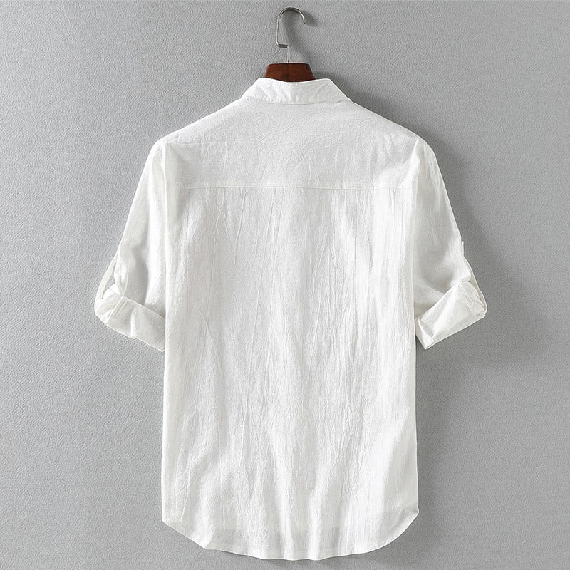Camicia da uomo in cotone e lino, monopetto, casual, vintage, con maniche a tre quarti, con taschino, Buddha Stones - Image 3