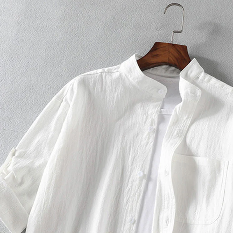 Camicia da uomo in cotone e lino, monopetto, casual, vintage, con maniche a tre quarti, con taschino, Buddha Stones - Image 4