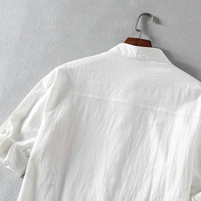 Camicia da uomo in cotone e lino, monopetto, casual, vintage, con maniche a tre quarti, con taschino, Buddha Stones - Image 5