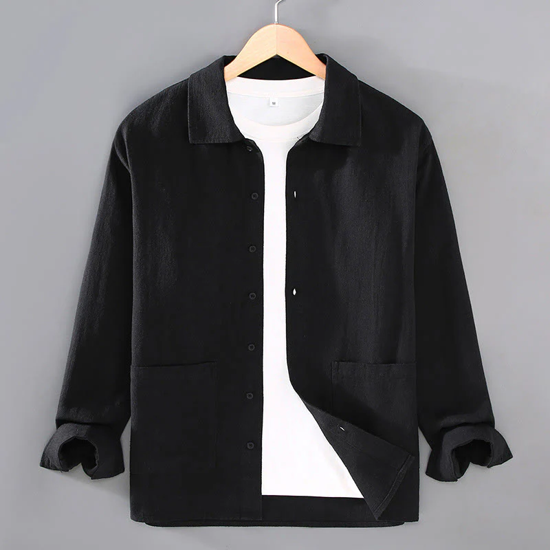 Camicia da uomo in cotone ramiè con maniche lunghe e bottoni, tinta unita, motivo Buddha Stones, con tasche - Image 10