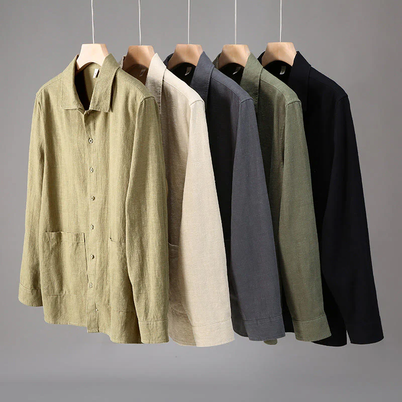 Camicia da uomo in cotone ramiè con maniche lunghe e bottoni, tinta unita, motivo Buddha Stones, con tasche - Image 12