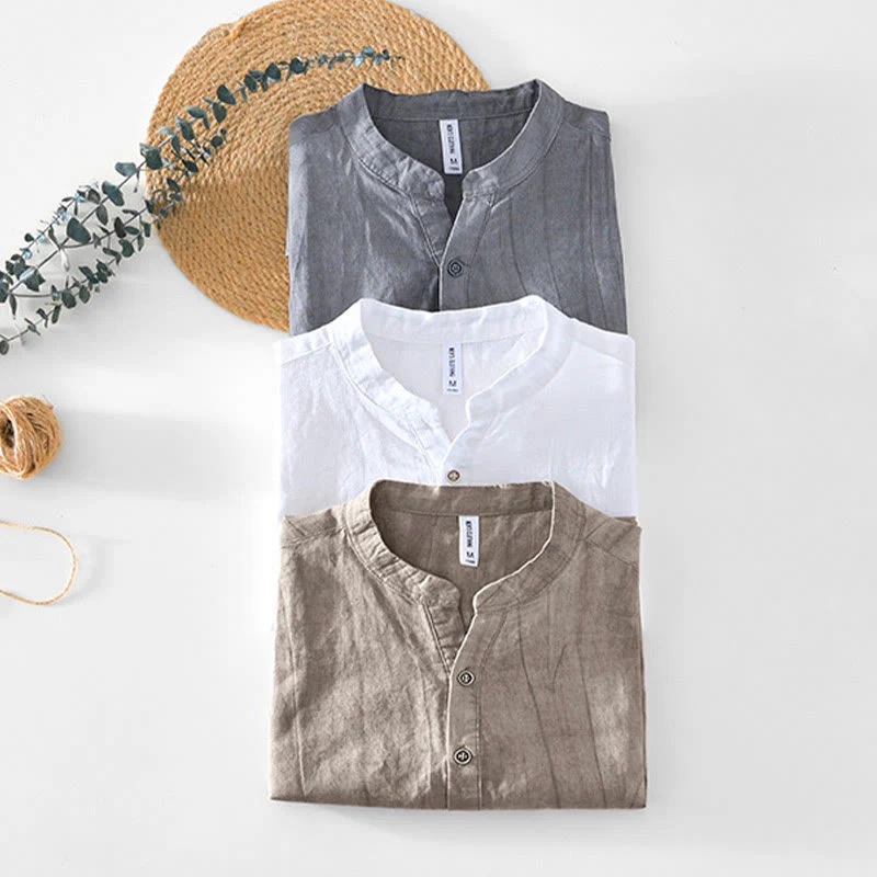 Camicia da uomo in cotone ramiè con scollo a V e maniche corte con bottoni Buddha Stones - Image 20