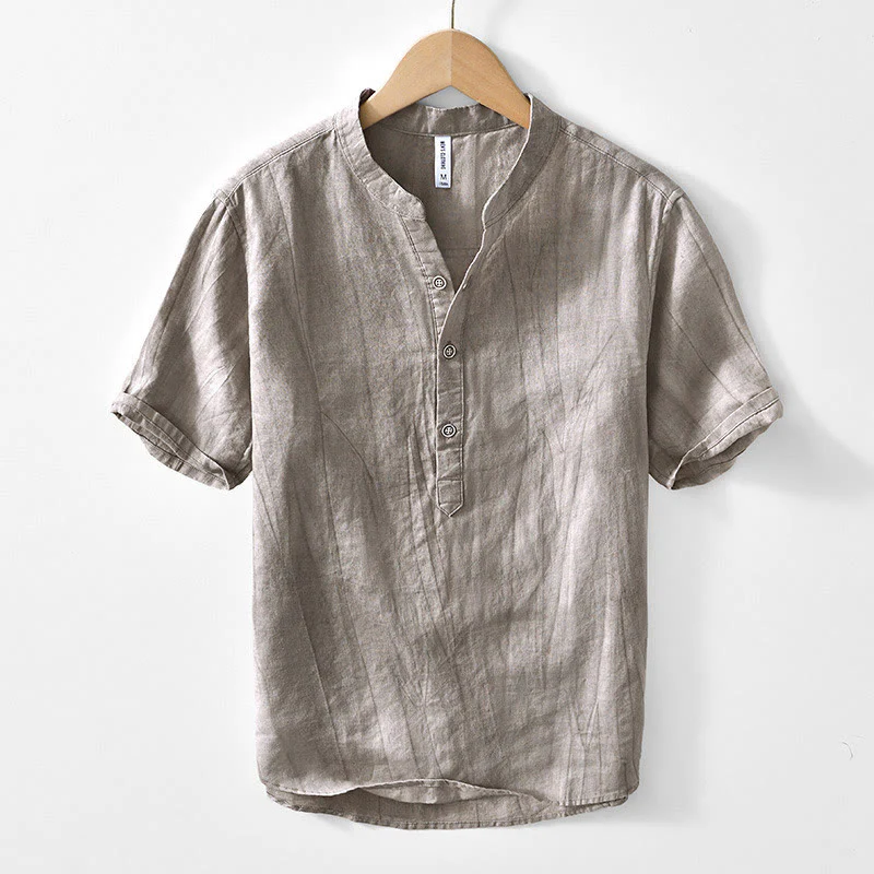 Camicia da uomo in cotone ramiè con scollo a V e maniche corte con bottoni Buddha Stones - Image 8
