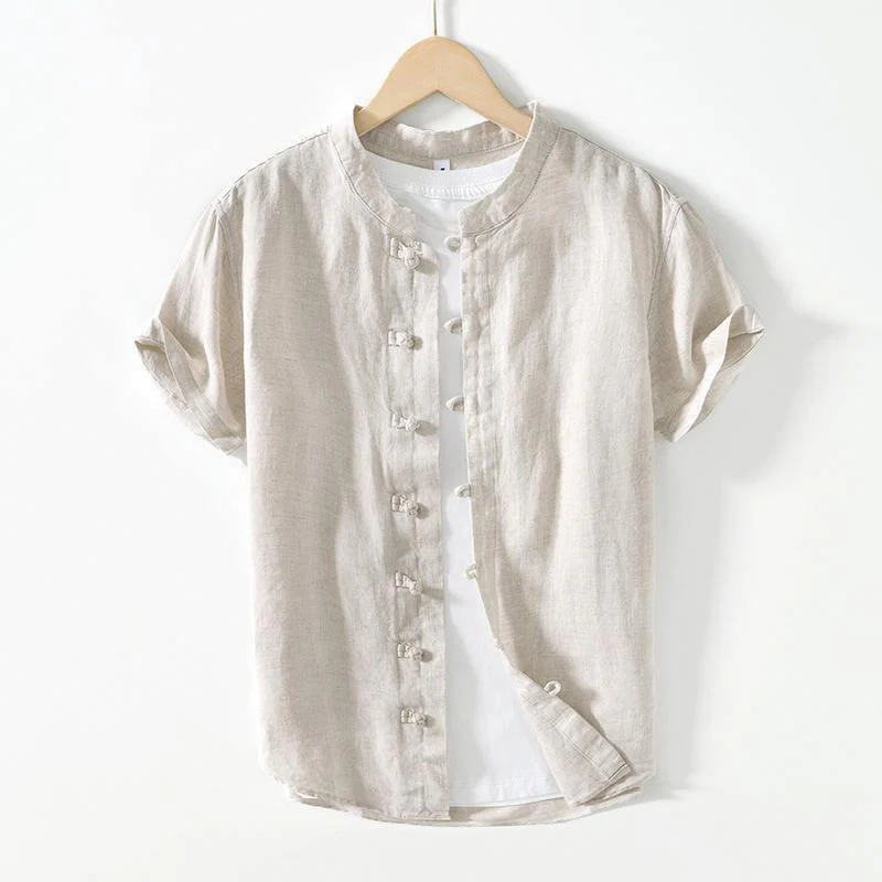 Camicia da uomo in lino a maniche corte con colletto alla coreana e bottoni a Buddha Stones Daily - Image 14