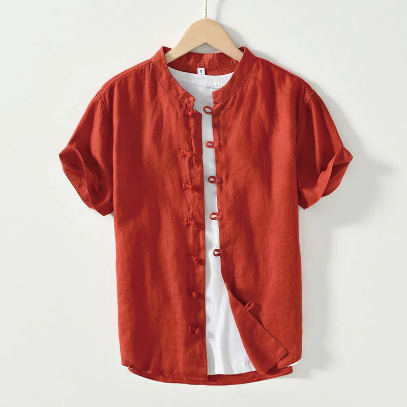 Camicia da uomo in lino a maniche corte con colletto alla coreana e bottoni a Buddha Stones Daily - Image 24