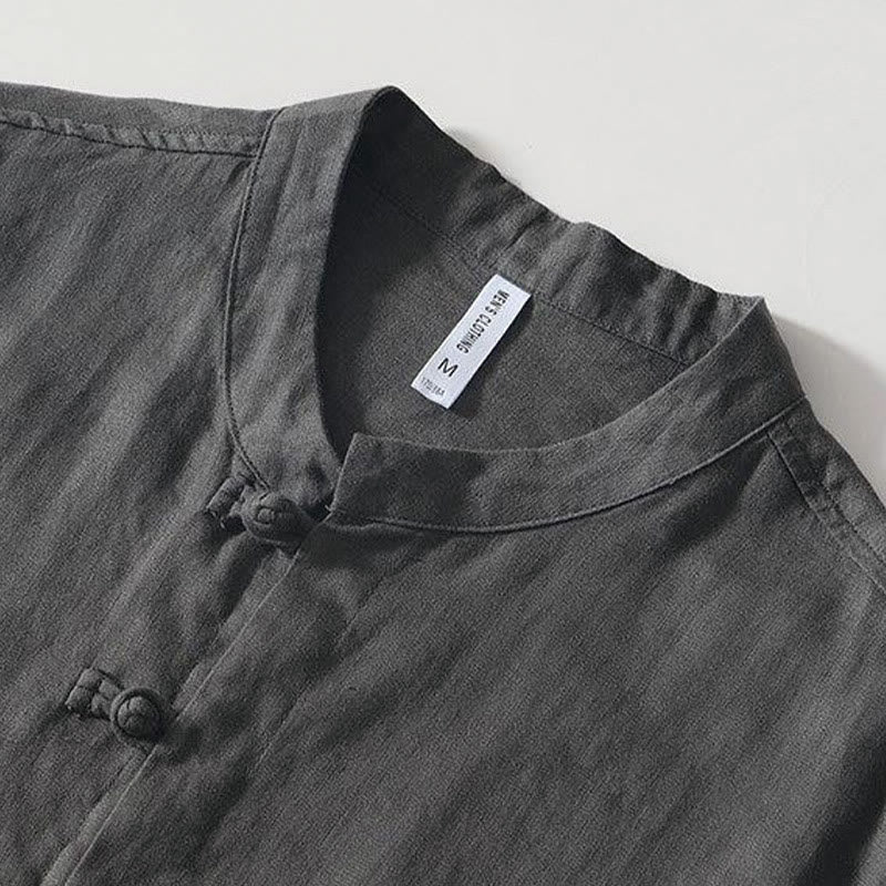 Camicia da uomo in lino a maniche corte con colletto alla coreana e bottoni a Buddha Stones Daily - Image 3