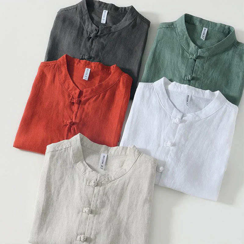 Camicia da uomo in lino a maniche corte con colletto alla coreana e bottoni a Buddha Stones Daily - Image 30