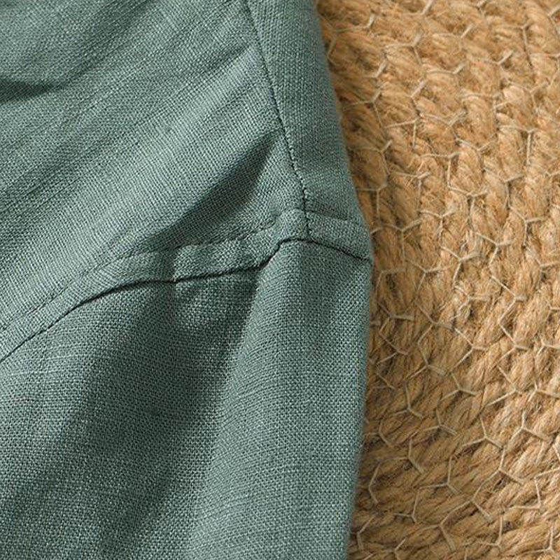 Camicia da uomo in lino a maniche corte con scollo a V e stampa Buddha Stones Casual - Image 14