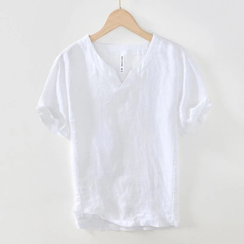 Camicia da uomo in lino a maniche corte con scollo a V e stampa Buddha Stones Casual - Image 22