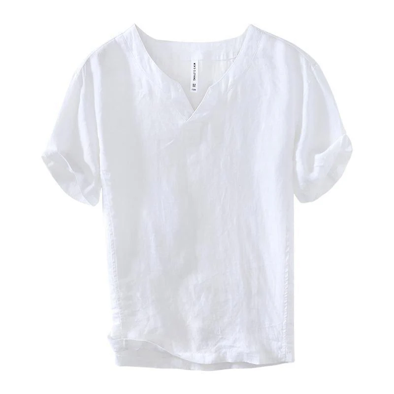 Camicia da uomo in lino a maniche corte con scollo a V e stampa Buddha Stones Casual - Image 27