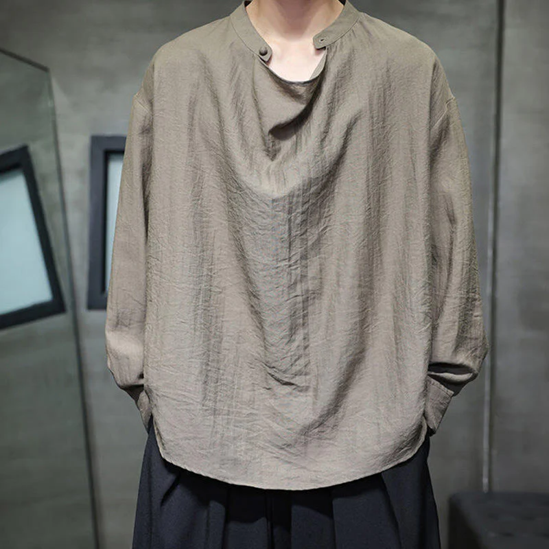 Camicia da uomo in lino a maniche lunghe con colletto rialzato e plissettato, tinta unita, modello Buddha Stones