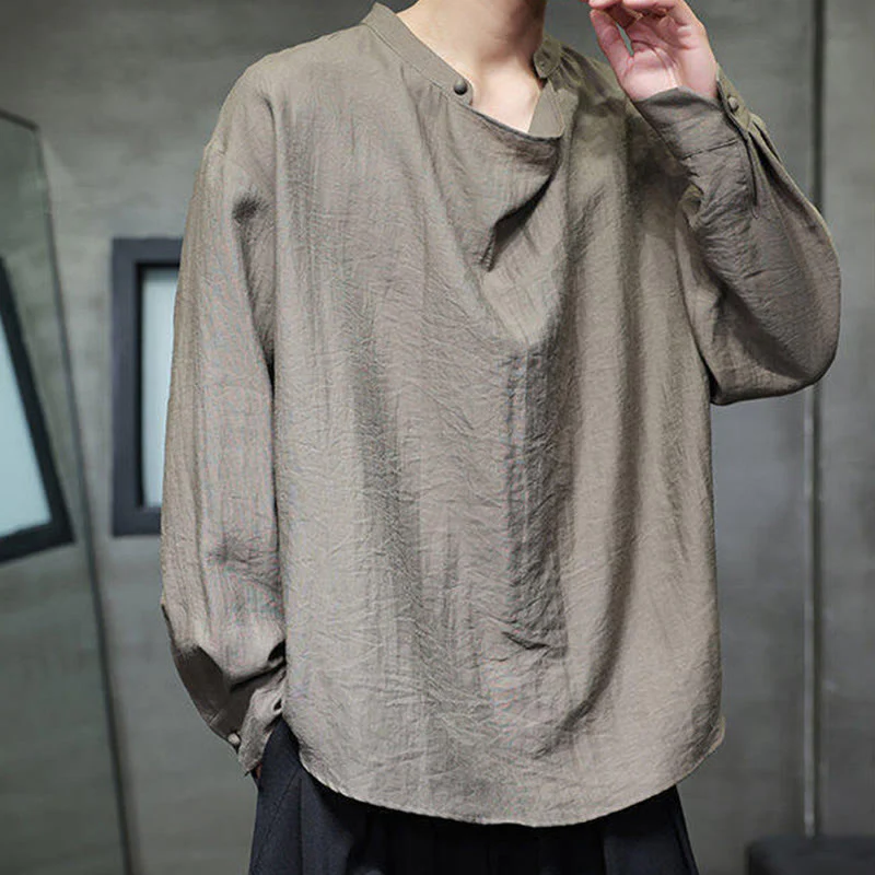 Camicia da uomo in lino a maniche lunghe con colletto rialzato e plissettato, tinta unita, modello Buddha Stones - Image 2