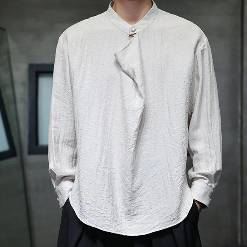 Camicia da uomo in lino a maniche lunghe con colletto rialzato e plissettato, tinta unita, modello Buddha Stones - Image 20