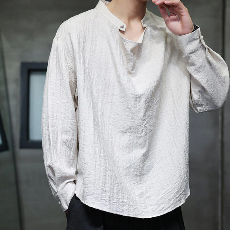Camicia da uomo in lino a maniche lunghe con colletto rialzato e plissettato, tinta unita, modello Buddha Stones - Image 23