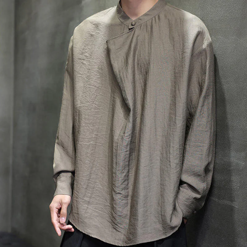Camicia da uomo in lino a maniche lunghe con colletto rialzato e plissettato, tinta unita, modello Buddha Stones - Image 3