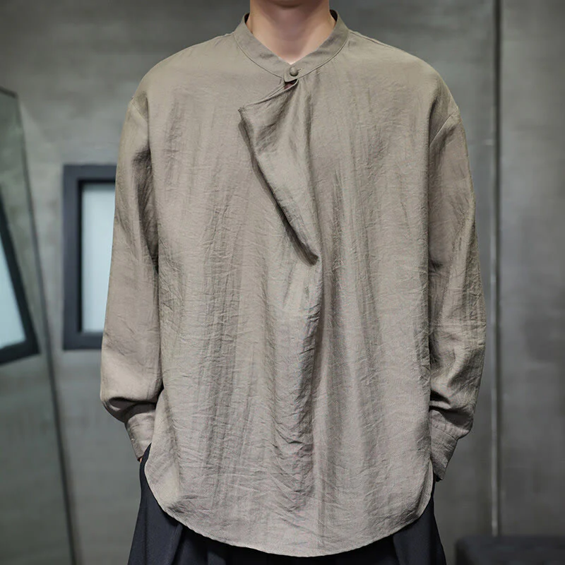 Camicia da uomo in lino a maniche lunghe con colletto rialzato e plissettato, tinta unita, modello Buddha Stones - Image 4