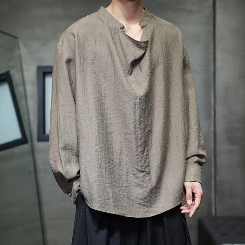 Camicia da uomo in lino a maniche lunghe con colletto rialzato e plissettato, tinta unita, modello Buddha Stones - Image 5
