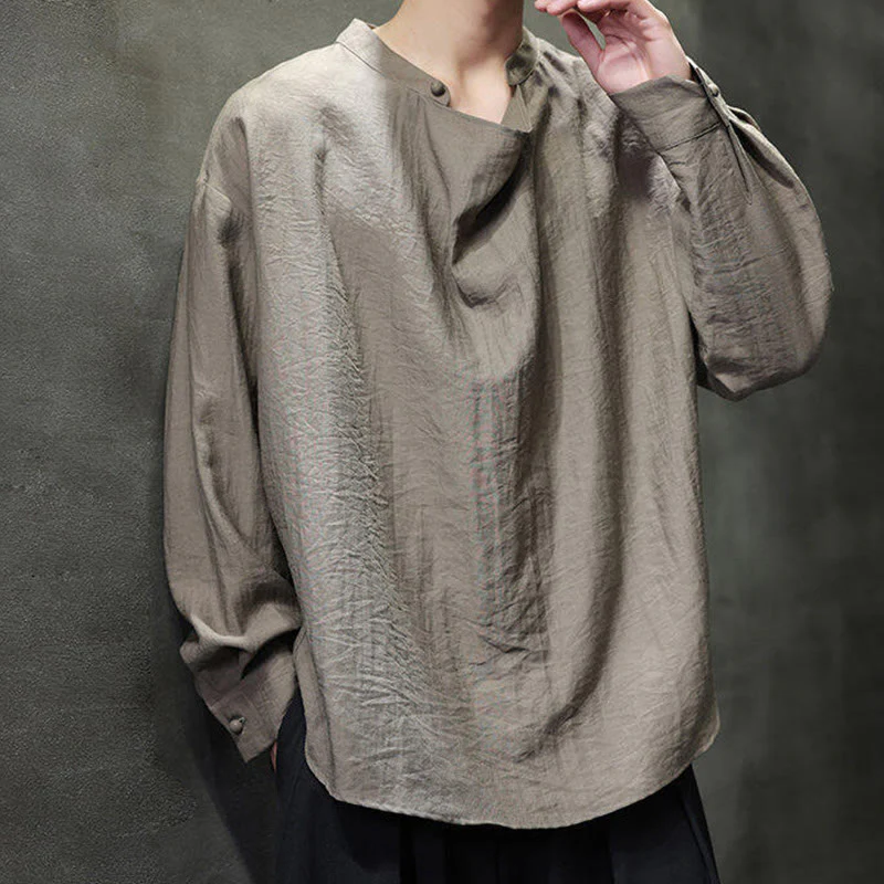 Camicia da uomo in lino a maniche lunghe con colletto rialzato e plissettato, tinta unita, modello Buddha Stones - Image 7