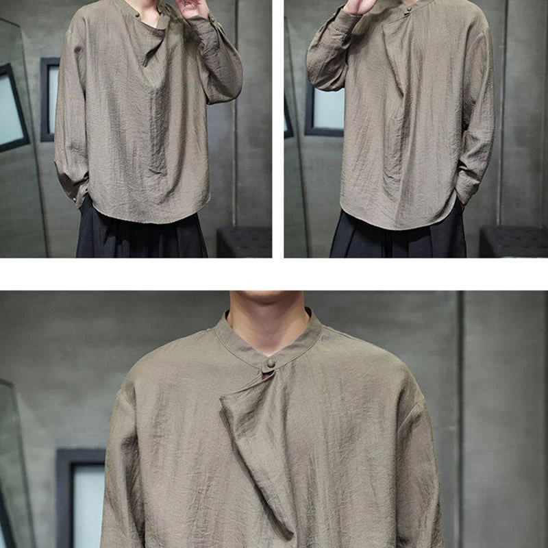 Camicia da uomo in lino a maniche lunghe con colletto rialzato e plissettato, tinta unita, modello Buddha Stones - Image 8