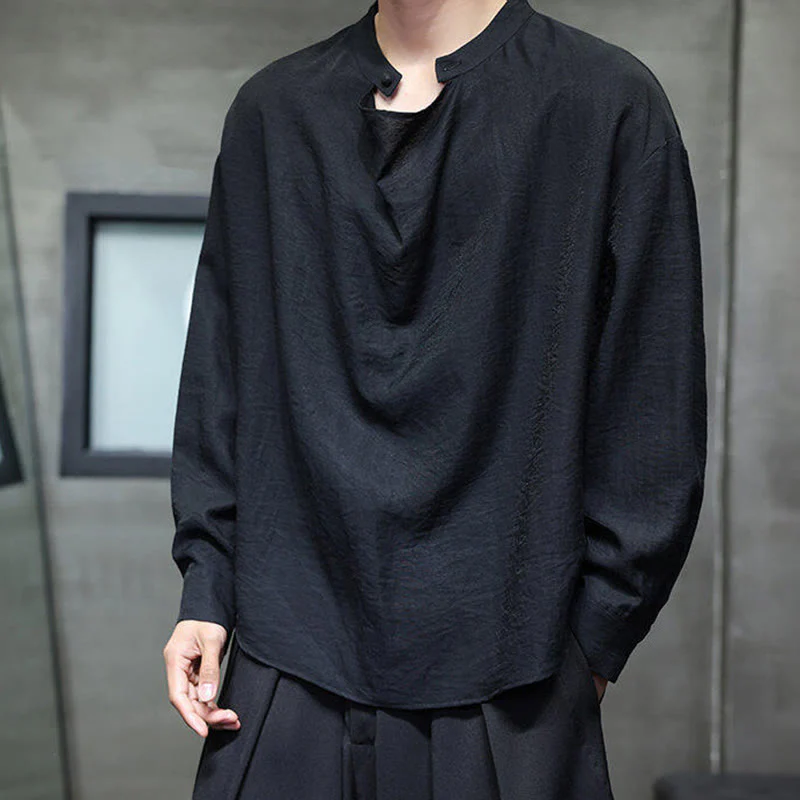 Camicia da uomo in lino a maniche lunghe con colletto rialzato e plissettato, tinta unita, modello Buddha Stones - Image 9