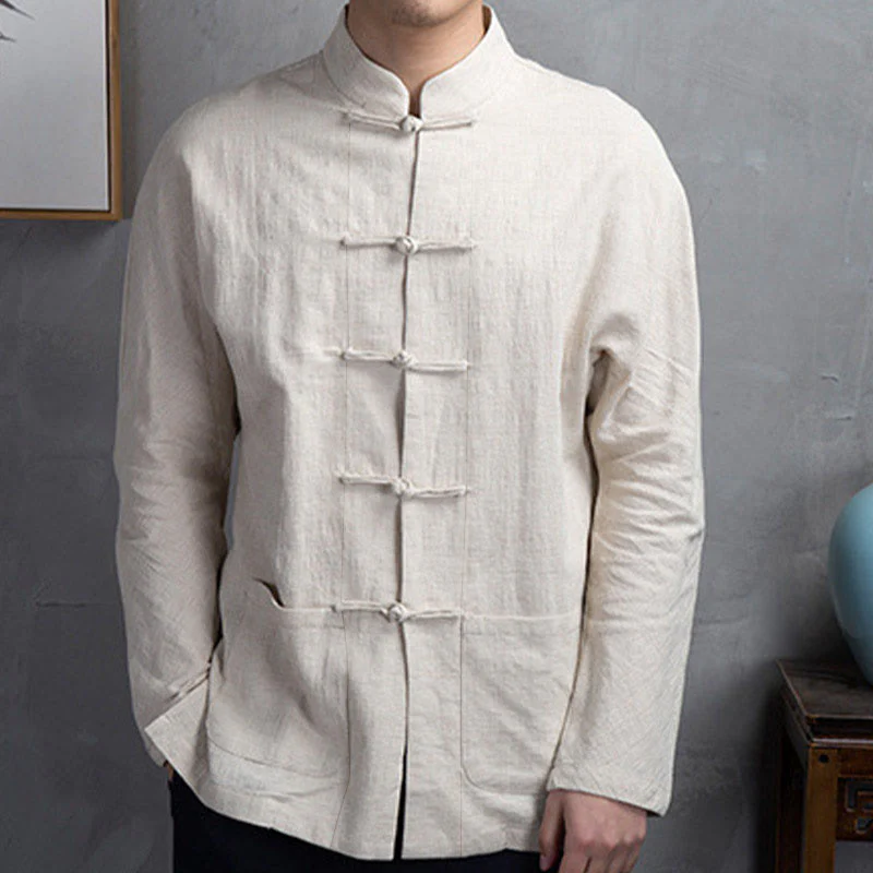 Camicia da uomo casual con bottoni a rana, tinta unita, motivo Buddha Stones