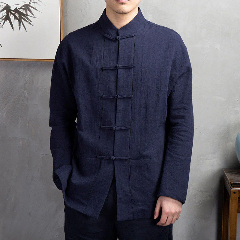 Camicia da uomo casual con bottoni a rana, tinta unita, motivo Buddha Stones - Image 10