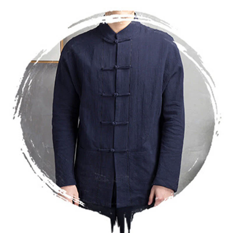 Camicia da uomo casual con bottoni a rana, tinta unita, motivo Buddha Stones - Image 13