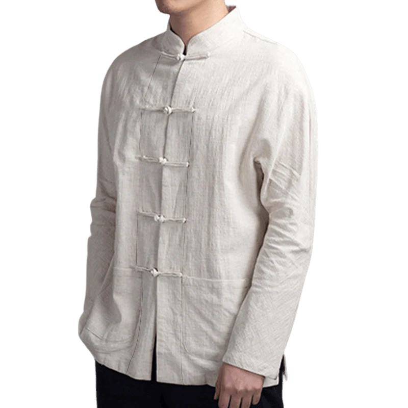 Camicia da uomo casual con bottoni a rana, tinta unita, motivo Buddha Stones - Image 4