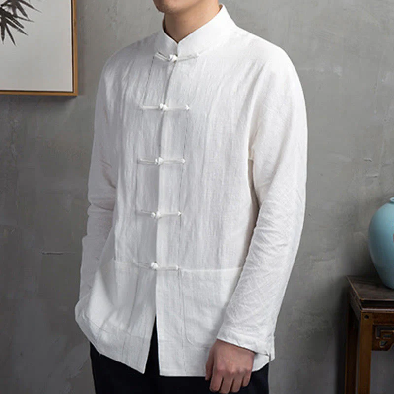 Camicia da uomo casual con bottoni a rana, tinta unita, motivo Buddha Stones - Image 7