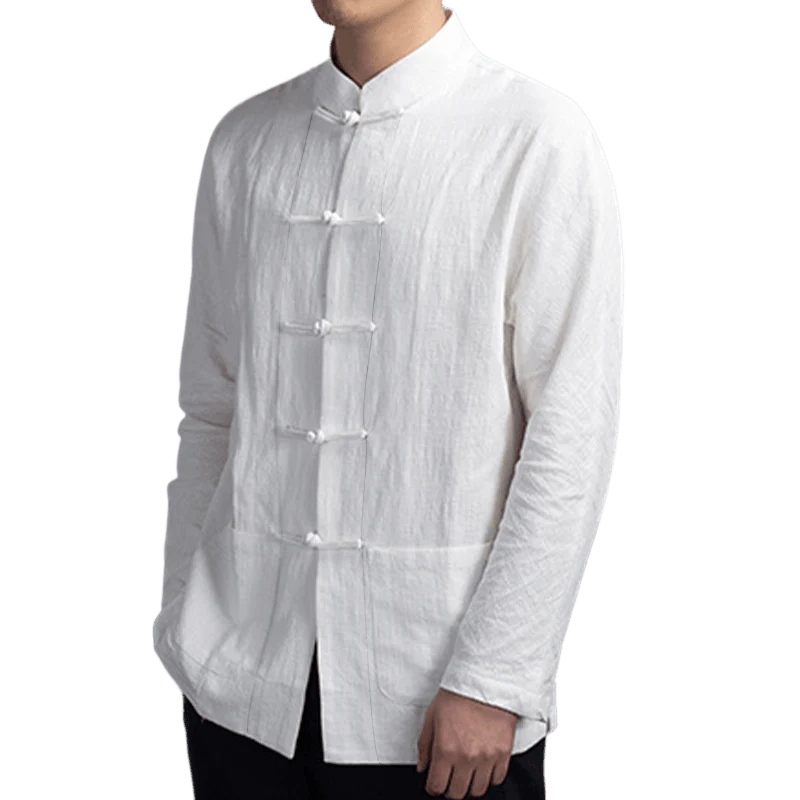 Camicia da uomo casual con bottoni a rana, tinta unita, motivo Buddha Stones - Image 9