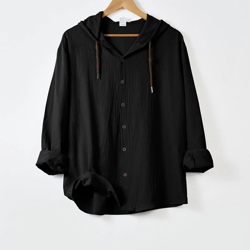 Camicia da uomo in cotone con cappuccio, coulisse, bottoni e maniche lunghe, tinta unita , Buddha Stones - Image 10