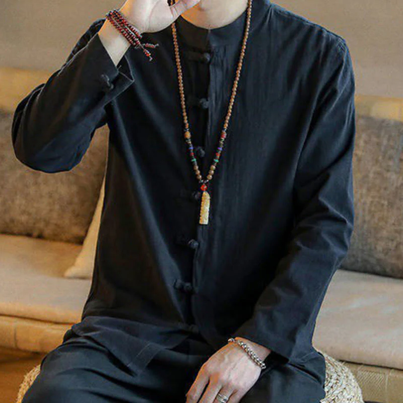 Camicia da uomo in lino con colletto alla coreana e bottoni a forma di rana, manica lunga, stile tang, motivo Buddha Stones - Image 10