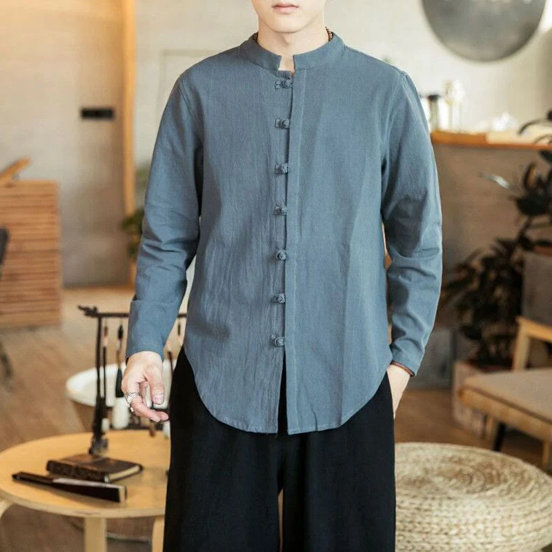 Camicia da uomo in lino con colletto alla coreana e bottoni a forma di rana, manica lunga, stile tang, motivo Buddha Stones - Image 11