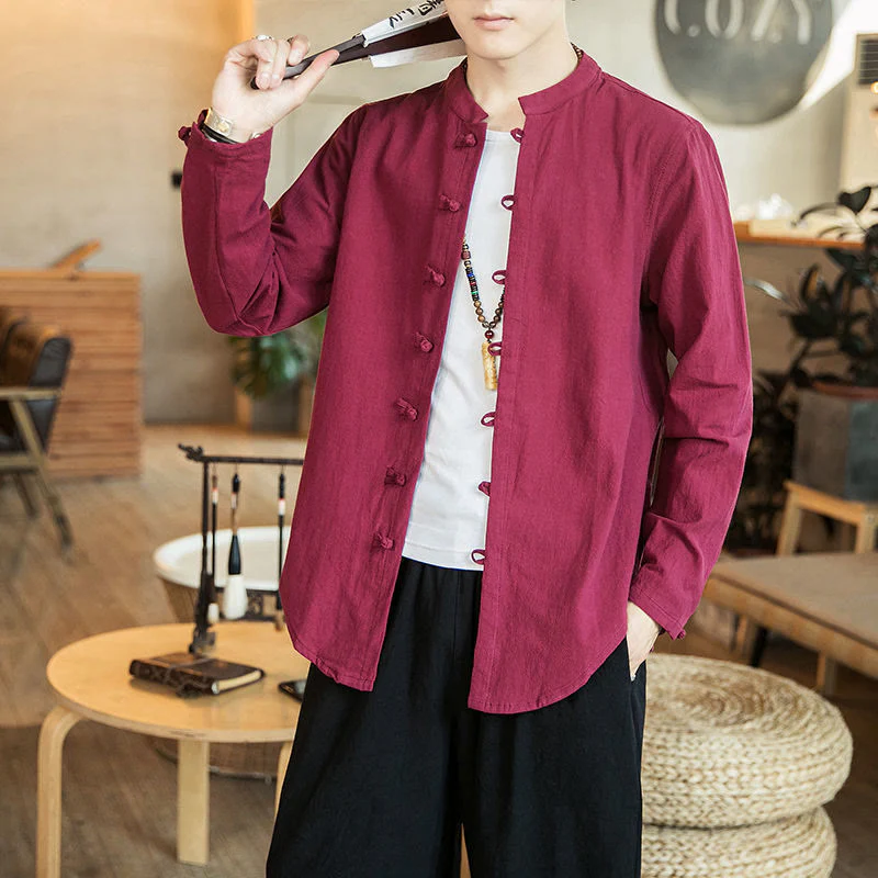 Camicia da uomo in lino con colletto alla coreana e bottoni a forma di rana, manica lunga, stile tang, motivo Buddha Stones - Image 16
