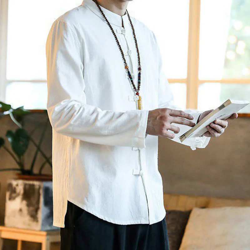 Camicia da uomo in lino con colletto alla coreana e bottoni a forma di rana, manica lunga, stile tang, motivo Buddha Stones - Image 6