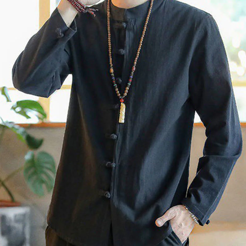 Camicia da uomo in lino con colletto alla coreana e bottoni a forma di rana, manica lunga, stile tang, motivo Buddha Stones - Image 8