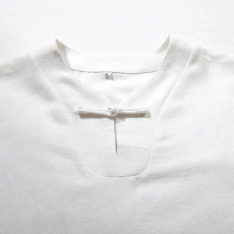 Camicia da uomo in lino con maniche a tre quarti e bottoni a rana bianchi Buddha Stones - Image 3