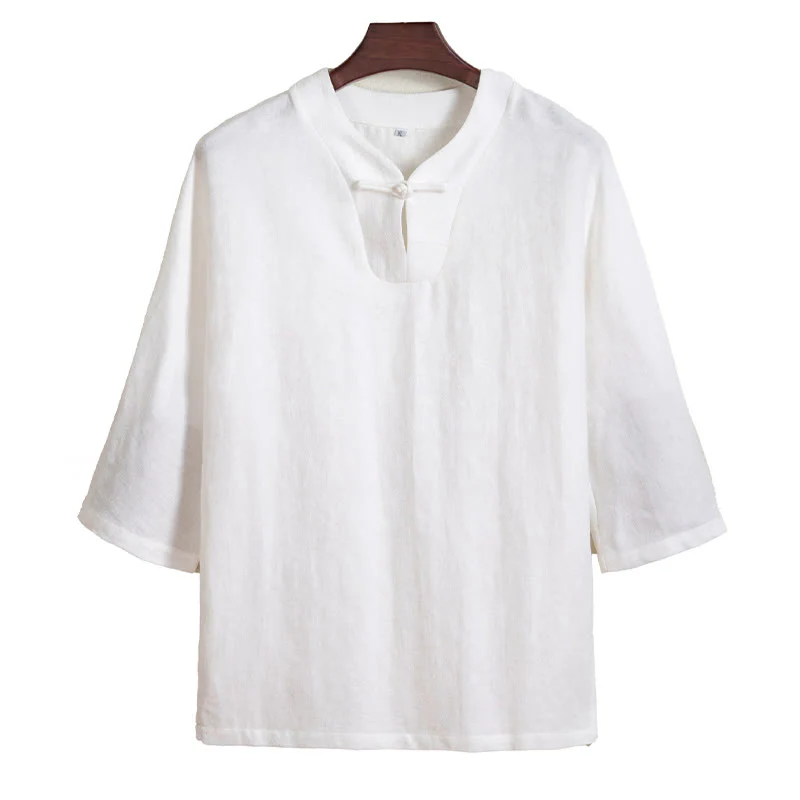 Camicia da uomo in lino con maniche a tre quarti e bottoni a rana bianchi Buddha Stones - Image 7