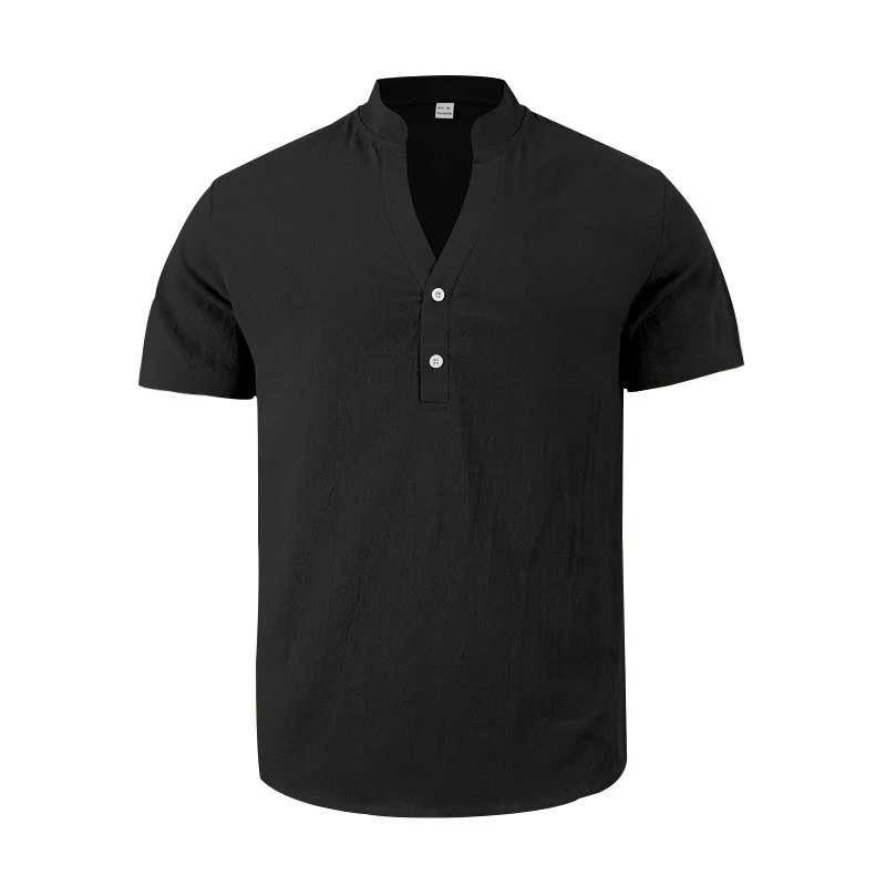 Camicia da uomo in lino con maniche corte e bottoni a metà lunghezza, tinta unita, motivo Buddha Stones - Image 2