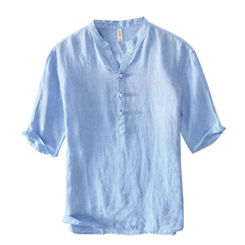 Camicia da uomo in lino con mezza manica e bottoni, tinta unita, con colletto alla coreana , Buddha Stones Daily - Image 13